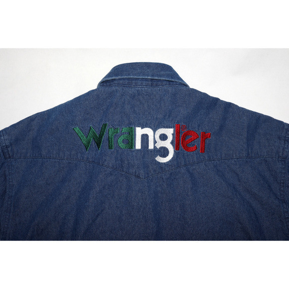 Wrangler Men's Long Sleeve Button Front Western Denim Spellout Shirt Size Medium - Picture 6 of 10
